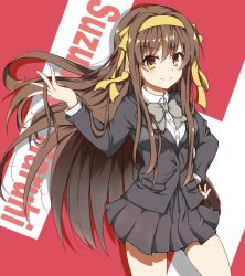 Rule 34 | 1girl, blazer, bow, bowtie, brown bow, brown bowtie, brown eyes, brown hair, brown jacket, brown skirt, character name, closed mouth, commentary, dress shirt, h, hair between eyes, hair ribbon, hairband, hand on own hip, hand up, highres, hirorinwelcome, jacket, kouyouen academy school uniform, long hair, long sleeves, official alternate hair length, official alternate hairstyle, pocket, red background, ribbon, school uniform, shirt, simple background, skirt, smile, solo, suzumiya haruhi no shoushitsu, suzumiya haruhi no yuuutsu, very long hair, white shirt, yellow hairband, yellow ribbon