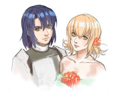 Rule 34 | 1boy, 1girl, athrun zala, blonde hair, blue hair, cagalli yula athha, dress, flower, green dress, green eyes, gundam, gundam seed, hair flower, hair ornament, looking to the side, nekkikamille, realistic, white background, yellow eyes