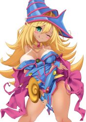 Rule 34 | 1girl, absurdres, blonde hair, blue hat, blush stickers, breasts, cleavage, dark magician girl, duel monster, gem, green eyes, hat, hexagram, highres, huuuna, jewelry, large breasts, necklace, pentacle, pentagram, solo, staff, tan, tanline, thighhighs, wand, wizard hat, yu-gi-oh!