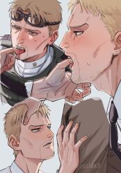 Rule 34 | 2boys, alternate costume, blonde hair, blush, collage, cropped torso, facial hair, finger in another&#039;s mouth, goatee stubble, goggles, goggles on head, head grab, highres, imminent fellatio, looking at crotch, male focus, multiple boys, mustache stubble, nervous, reiner braun, saliva, shingeki no kyojin, shirt, short hair, sssida3, stubble, tongue, tongue grab, yaoi