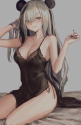 Rule 34 | 1girl, animal ears, arknights, black dress, black hair, black nails, breasts, cleavage, commentary, dress, feater (arknights), grey background, hair down, hand in own hair, hands up, highres, holding, holding own hair, long hair, looking at viewer, medium breasts, multicolored hair, nail polish, nashidrop, panda ears, pink eyes, signature, silver hair, simple background, sitting, smile, solo, spaghetti strap, streaked hair, thighs