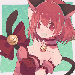 Rule 34 | 1girl, animal ears, bell, blush, border, bow, breasts, cat ears, cat girl, cleavage, dress, gloves, green background, lowres, magical girl, medium breasts, mew ichigo, miwasiba, momomiya ichigo, neck bell, outside border, pink dress, pink eyes, pink gloves, pink hair, red bow, smile, solo, tail, tail bell, tail ornament, teeth, tokyo mew mew, white border