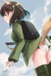 Rule 34 | 1girl, animal ears, artist name, ass, backpack, bad id, bad twitter id, bag, black eyes, black gloves, black hair, closed mouth, commentary request, fingerless gloves, flying, from behind, gloves, green jacket, haruhata mutsuki, holding, holding sword, holding weapon, jacket, katana, katou takeko, long sleeves, looking at viewer, looking back, military, military uniform, no pants, panties, randoseru, short hair, signature, smile, solo, strike witches zero, striker unit, sword, tail, twitter username, underwear, uniform, weapon, white panties, world witches series