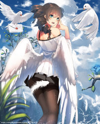 Rule 34 | 1girl, angel, angel wings, bare shoulders, bird, branch, cloud, dress, fern, green eyes, highres, leg warmers, letter, lipstick, looking at viewer, looking back, makeup, open mouth, original, own hands together, pantyhose, pleated skirt, scenery, skirt, sky, vierzeck, water, white dress, wings