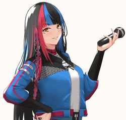 Rule 34 | 1girl, absurdres, aweiwei1998, black hair, blue hair, blue jacket, braid, grin, hand on own hip, harusaruhi, highres, holding, holding microphone, jacket, kamitsubaki studio, long hair, long sleeves, looking at viewer, makeup, mascara, microphone, multicolored hair, open clothes, open jacket, red hair, shirt, simple background, single braid, smile, solo, upper body, very long hair, virtual youtuber, white background, white shirt, yellow eyes, yellow lips