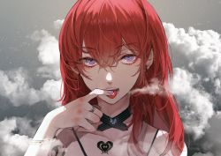 Rule 34 | 1girl, bad id, bad pixiv id, bracelet, choker, collarbone, earrings, fingernails, gradient background, hair between eyes, jewelry, kim eb, long hair, looking at viewer, nail polish, original, purple eyes, red hair, ring, smoke, solo, tattoo, tongue, tongue out, upper body