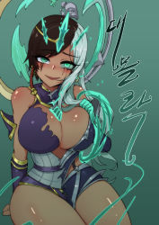 Rule 34 | 1girl, absurdres, bare shoulders, blush, breasts, brown hair, circlet, corruption, crack, crown, crying, crying with eyes open, dark-skinned female, dark persona, dark skin, eyes visible through hair, facial mark, floating, floating object, gradient background, green background, green eyes, green theme, highres, karma (league of legends), league of legends, long hair, looking at viewer, multicolored hair, parted lips, possessed, possession, ppyumeuleulu, ruination, shiny skin, sitting, slit pupils, smile, solo, tears, torn, torn clothes, viego (league of legends), white hair