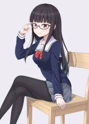 Rule 34 | 1girl, adjusting eyewear, black-framed eyewear, black hair, black pantyhose, blue shirt, blunt bangs, bow, bowtie, closed mouth, collared shirt, commentary, crossed legs, darknessukaru, glasses, grey background, grey skirt, highres, long hair, looking at viewer, miniskirt, on chair, original, pantyhose, pleated skirt, purple eyes, red bow, red bowtie, school uniform, shirt, simple background, sitting, skirt, smile, solo, straight hair, uniform, white shirt, wooden chair