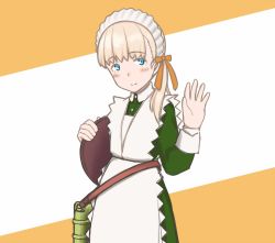 Rule 34 | 1girl, alternate costume, apron, blonde hair, blue eyes, blunt bangs, commentary request, dress, enmaided, frilled apron, frills, green dress, hair ornament, kantai collection, long hair, looking at viewer, maid, maid headdress, porusasu, shin&#039;you (kancolle), smile, solo, tray, two-tone background, waving, white apron