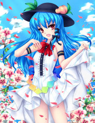 Rule 34 | 1girl, adapted costume, blue hair, bow, cherry blossoms, female focus, food, fred0092, fruit, hair bow, hat, highres, hinanawi tenshi, long hair, open mouth, peach, petals, red eyes, shirt, skirt hold, sleeveless, sleeveless shirt, solo, touhou