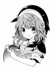 Rule 34 | 1girl, animal hat, blush, closed mouth, cross-laced clothes, greyscale, hair between eyes, hat, holding, holding tray, kapuchii, medium hair, monochrome, okunoda miyoi, shirt, short sleeves, simple background, smile, solo, touhou, tray, upper body, whale hat, white background