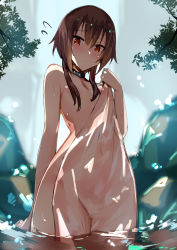 Rule 34 | 1girl, areola slip, backlighting, blush, brown hair, closed mouth, collar, completely nude, convenient censoring, covered navel, covering privates, cowboy shot, flat chest, flying sweatdrops, hair censor, highres, holding, holding towel, kono subarashii sekai ni shukufuku wo!, looking at viewer, megumin, muoto, nude, nude cover, pond, red eyes, rock, see-through, short hair with long locks, sidelocks, solo, towel, water, wet towel
