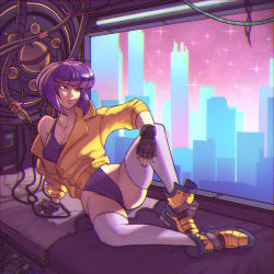 Rule 34 | 1girl, alatar (bluewizardart), arm support, beautiful beasties, bed, breasts, cable, chromatic aberration, cityscape, collaboration, cyberpunk, fingerless gloves, ghost in the shell, gloves, jacket, kusanagi motoko, leotard, medium breasts, purple hair, red eyes, short hair, sitting, solo, thighhighs, white thighhighs, window