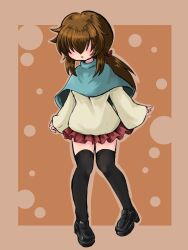 Rule 34 | 1girl, :o, black footwear, black thighhighs, blue capelet, blush, border, bow, brown background, brown hair, capelet, female focus, full body, hair bow, hair over eyes, loafers, miniskirt, original, outline, pigeon-toed, ponytail, shoes, skirt, solo, thighhighs, vu (oyavun), zettai ryouiki