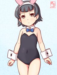 Rule 34 | 1girl, animal ears, arare (kancolle), artist logo, bare shoulders, black hair, black leotard, blue background, blush, bow, bowtie, brown eyes, cowboy shot, detached collar, fake animal ears, gradient background, kanon (kurogane knights), kantai collection, leotard, looking at viewer, one-hour drawing challenge, playboy bunny, rabbit ears, short hair, solo, strapless, strapless leotard, traditional bowtie, wrist cuffs