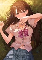 Rule 34 | 1girl, absurdres, blush, breasts, brown hair, character request, cleavage, closed mouth, collarbone, collared shirt, copyright request, embarrassed, highres, jewelry, large breasts, long hair, looking at viewer, lying, narumi nanami, navel, necklace, on back, red eyes, shirt, skirt, solo, white shirt