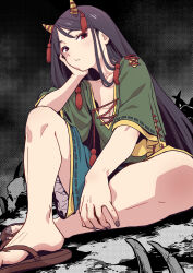 Rule 34 | 1girl, absurdres, barefoot, black hair, blue shorts, closed mouth, collarbone, fingernails, green shirt, highres, horns, kawayabug, long hair, looking at viewer, nippaku zanmu, oni horns, red eyes, shirt, short sleeves, shorts, solo, toenails, touhou, unfinished dream of all living ghost, wide sleeves