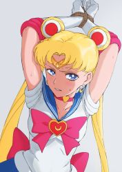 Rule 34 | 1girl, arms up, bdsm, bishoujo senshi sailor moon, blonde hair, blue eyes, blue sailor collar, blue skirt, bondage, bound, bound wrists, bow, bowtie, bright pupils, choker, circlet, clenched teeth, collarbone, crescent, crescent earrings, diadem, double bun, earrings, elbow gloves, eyebrows, female focus, gloves, grey background, hair bun, hair intakes, hair ornament, hands up, heart, heart choker, highres, jewelry, long hair, long twintails, looking at viewer, osame, parted lips, pink bow, pink choker, pleated skirt, red bow, red bowtie, rope, sailor collar, sailor moon, sanpaku, school uniform, serafuku, shiny skin, shirt, short sleeves, simple background, skirt, solo, sweat, teeth, tiara, tsukino usagi, twintails, upper body, white background, white gloves, white pupils, white shirt