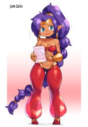 Rule 34 | 1girl, absurdly long hair, arabian clothes, bandeau, bare shoulders, borvar, bracer, braid, breasts, choker, circlet, commentary, crying, crying with eyes open, dark-skinned female, dark skin, earrings, embarrassed, english commentary, english text, harem pants, high ponytail, highres, hoop earrings, jewelry, long hair, lowleg, lowleg pants, manga (object), meta, navel, pants, pointy ears, ponytail, profanity, purple choker, purple hair, redrawn, shantae, shantae (series), single braid, sketch, solo, tears, very long hair, white background, wide hips