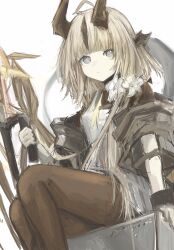 Rule 34 | 1girl, absurdres, ahoge, arknights, arm support, blonde hair, brown pantyhose, brown shirt, closed mouth, commentary request, dress, feet out of frame, gloves, grey eyes, grey gloves, highres, holding, horns, long hair, looking at viewer, pantyhose, piennamekuzi, reed (arknights), shirt, short sleeves, simple background, sitting, sketch, solo, tail, white background, white dress