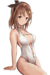 Rule 34 | 1girl, absurdres, arm support, atelier (series), atelier ryza, atelier ryza 2, bare arms, bare shoulders, black ribbon, braid, breasts, brown eyes, brown hair, cleavage, clothing cutout, collarbone, commission, female focus, hair ornament, hair ribbon, halterneck, highres, light blush, looking at viewer, medium breasts, medium hair, nannacy7, navel, navel cutout, one-piece swimsuit, pixiv commission, reisalin stout, ribbon, simple background, smile, solo, swimsuit, thighs, white background, white one-piece swimsuit