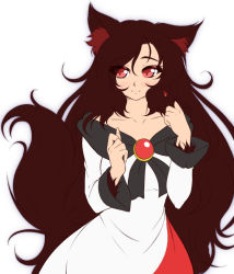 Rule 34 | 1girl, animal ears, blush, brooch, brown hair, dress, fur, imaizumi kagerou, jewelry, long hair, long sleeves, mazume, red eyes, simple background, smile, solo, tail, touhou, very long hair, white background, wolf ears, wolf tail