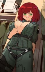 Rule 34 | against wall, belt, blush, breasts, bursting breasts, character request, cleavage, green eyes, helmet, highres, huge breasts, large breasts, looking at viewer, military uniform, open clothes, open shirt, pale skin, pulling at clothes, red hair, smile, standing, sweat, sweatdrop, uniform, xerbatt