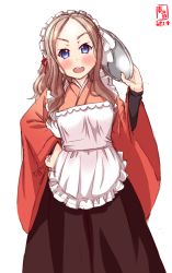 Rule 34 | 1girl, alternate costume, apron, artist logo, asakaze (kancolle), black skirt, blue eyes, blush, breasts, cowboy shot, dated, eyebrows, forehead, frilled apron, frills, hand on own hip, highres, holding, holding tray, japanese clothes, kanon (kurogane knights), kantai collection, kimono, light brown hair, long hair, long sleeves, looking at viewer, maid, maid headdress, open mouth, orange kimono, shirt under shirt, signature, simple background, skirt, small breasts, smile, solo, tray, wa maid, waitress, wavy hair, white apron, white background, wide sleeves