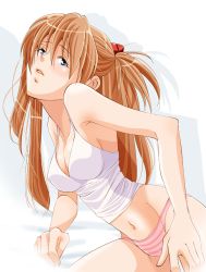 Rule 34 | 1girl, amelie, blue eyes, blush, breasts, brown hair, cleavage, collarbone, hair ornament, large breasts, long hair, midriff, navel, neon genesis evangelion, open mouth, panties, pink panties, shirt, solo, souryuu asuka langley, striped clothes, striped panties, tank top, twintails, underwear, white background, white shirt