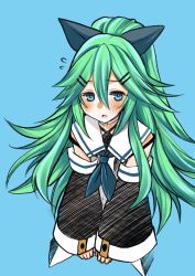 Rule 34 | 1girl, :o, absurdres, black bow, blue background, blue eyes, blue neckerchief, blush, bow, choker, cropped torso, detached sleeves, flying sweatdrops, green hair, hair bow, hair ornament, hairclip, highres, kagesaki yuna, kantai collection, long hair, neckerchief, open mouth, ponytail, sailor collar, simple background, solo, white choker, wide sleeves, yamakaze (kancolle)