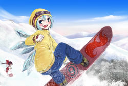 Rule 34 | circled 9, alternate costume, aqua eyes, blue eyes, blue hair, caesar8149, cirno, contemporary, eyebrows, fang, goggles, hakurei reimu, highres, open mouth, snow, snowboard, snowboarding, thick eyebrows, touhou, winter clothes