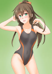 Rule 34 | 1girl, anti (untea9), armpits, black one-piece swimsuit, blue eyes, brown hair, brown ribbon, collarbone, competition swimsuit, gradient background, green background, hair between eyes, hair ribbon, highres, kantai collection, kumano (kancolle), long hair, looking at viewer, one-piece swimsuit, ponytail, ribbon, solo, swimsuit