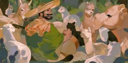 Rule 34 | 1boy, animal request, arm hair, atcesolcyc, bara, beard, black hair, camel, donkey, drum, closed eyes, facial hair, headwear request, highres, instrument, crossed legs, male focus, mature male, music, mustache, original, sheep, short hair, singing, sitting, smile, solo focus