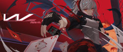 Rule 34 | 1girl, arknights, black gloves, black jacket, card, character name, dated, detonator, explosion, female focus, fingerless gloves, gloves, grin, hair between eyes, highres, index finger raised, jacket, li-mi, looking at viewer, multicolored hair, nail polish, open mouth, playing card, red background, red eyes, red nails, shirt, short hair, sleeves rolled up, smile, solo, streaked hair, teeth, w (arknights), white hair, white shirt
