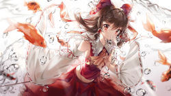 Rule 34 | 1girl, absurdres, ascot, bow, brown hair, collarbone, detached sleeves, fish, floating hair, goldfish, hair bow, hakurei reimu, highres, holding, huge filesize, japanese clothes, long hair, looking at viewer, miko, nagul, navel, open mouth, parted bangs, red ascot, red bow, red eyes, red skirt, sidelocks, skirt, solo, touhou, water, wide sleeves