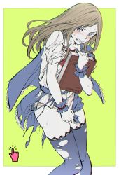 Rule 34 | 1girl, angry, ascot, blue eyes, blue thighhighs, blush, book, brown hair, capelet, castlevania (series), castlevania: portrait of ruin, charlotte aulin, clenched teeth, dress, glaring, grel (r6hgvu5), long hair, looking at viewer, panties, skirt, solo, teeth, thighhighs, torn clothes, underwear, upskirt