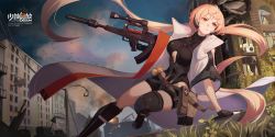 Rule 34 | 1girl, artist name, assault rifle, asymmetrical legwear, black gloves, black socks, blonde hair, bodysuit, breasts, building, bullpup, cleavage, cleavage cutout, clothing cutout, cloud, cloudy sky, commentary, commission, copyright name, english commentary, fingerless gloves, girls&#039; frontline, girls&#039; frontline 2: exilium, gloves, gun, headset, highres, holding, holding gun, holding weapon, jacket, jumping, knee pads, kneehighs, large breasts, long hair, long jacket, niac, open clothes, open jacket, ots-14 (girls&#039; frontline), ots-14 groza, outdoors, ponytail, rifle, ruins, scope, single kneehigh, single sock, single thighhigh, sky, socks, solo, suppressor, tactical clothes, thighhighs, trigger discipline, uneven legwear, very long hair, weapon, white jacket, yellow eyes
