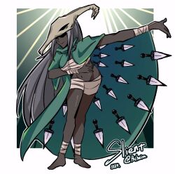 Rule 34 | 1girl, barefoot, breasts, cape, character name, chest sarashi, dagger, full body, green cape, knife, kunai, leaning forward, medium breasts, navel, sarashi, skull on head, slay the spire, solo, standing, the silent, weapon, whitose