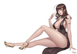 Rule 34 | 1girl, armlet, bare legs, bare shoulders, black dress, breasts, brown hair, champagne flute, covered erect nipples, cup, dress, drinking glass, dsr-50 (girls&#039; frontline), dsr-50 (highest bid) (girls&#039; frontline), earrings, fingernails, from side, girls&#039; frontline, high heels, highres, holding, huge breasts, jewelry, karmiel, knee up, lipstick, long hair, long legs, looking at viewer, makeup, necklace, no bra, official alternate costume, parted lips, red eyes, red lips, signature, simple background, sitting, solo, white background, yellow footwear
