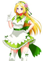 Rule 34 | 1girl, absurdres, akane nakamura, back bow, blonde hair, bow, breasts, dress, dress bow, earrings, flower, gloves, green bow, green dress, green ribbon, guildstars, hair flower, hair ornament, hair ribbon, hand on own hip, hand up, highres, index finger raised, jewelry, looking at viewer, medium breasts, purple eyes, purple musume, ribbon, short sleeves, smile, solo, standing, thighhighs, transparent background, white gloves, white thighhighs