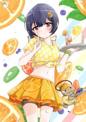 Rule 34 | bike shorts, black hair, black shorts, blush, breasts, checkered clothes, checkered shirt, collarbone, commentary request, food, food-themed hair ornament, frilled skirt, frills, fruit, fruit background, grapes, hair bun, hair ornament, hairclip, hand up, highres, howaso, iced tea, idolmaster, idolmaster shiny colors, index finger raised, looking at viewer, midriff, morino rinze, navel, orange (fruit), orange hair ornament, orange print, orange skirt, orange slice, polka dot, polka dot skirt, red eyes, sandwich, shirt, short hair, short sleeves, shorts, single hair bun, skirt, small breasts, smile, solo, stuffed toy, thighs, tied shirt, tray, water drop, white background, wristband, yellow shirt