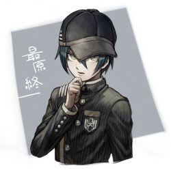 Rule 34 | 1boy, ahoge, aoki (fumomo), black hair, black hat, black jacket, breast pocket, brown eyes, buttons, commentary request, cropped torso, danganronpa (series), danganronpa v3: killing harmony, grey background, hair between eyes, hand on own chin, hat, jacket, long sleeves, looking at viewer, male focus, open mouth, pocket, saihara shuichi, short hair, solo, star (symbol), striped clothes, striped headwear, striped jacket, thinking, translation request, upper body, white background
