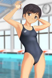 Rule 34 | 1girl, absurdres, asics, black eyes, black hair, black one-piece swimsuit, blurry, clock, collarbone, competition swimsuit, cowboy shot, depth of field, flat chest, highres, holding, holding hair, indoors, looking at viewer, one-piece swimsuit, one-piece tan, original, pool, rubber band, short hair, solo, standing, swimsuit, takafumi, tan, tanline