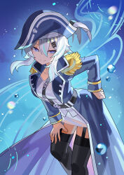 Rule 34 | 1girl, aqua hair, belt, bicorne, black belt, black garter straps, black thighhighs, blue background, blue coat, blue eyes, blue hat, blue theme, bright pupils, closed mouth, coat, collarbone, commission, contrapposto, cowboy shot, epaulettes, falken (yutozin), garter straps, grey hair, hair between eyes, hair ornament, hairclip, hand on own hip, hand on own leg, hand on own thigh, hat, hat feather, highres, leaning forward, long bangs, long coat, long hair, long sleeves, motion blur, multicolored hair, open clothes, open coat, original, overcoat, pirate hat, pointy ears, sam browne belt, shirt, sidelocks, skeb commission, skirt, skull, smile, solo, split mouth, standing, streaked hair, thighhighs, water drop, white pupils, white shirt, white skirt, x hair ornament