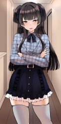 Rule 34 | 1girl, absurdres, agetama, black hair, blue shirt, brown eyes, bush, commentary request, cowboy shot, crossed arms, hair ornament, highres, idolmaster, idolmaster shiny colors, indoors, long hair, long sleeves, looking at viewer, mayuzumi fuyuko, parted lips, shirt, skirt, solo, standing, thighhighs, thighs, two side up, white thighhighs