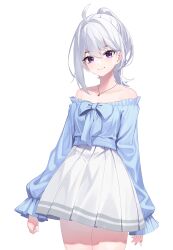 Rule 34 | 1girl, absurdres, ahoge, bare shoulders, blue bow, blue shirt, bow, commentary, cowboy shot, hair intakes, highres, ine (vtuber), iznal, long hair, long sleeves, looking at viewer, off-shoulder shirt, off shoulder, pleated skirt, ponytail, purple eyes, shirt, simple background, single sidelock, skirt, smile, solo, standing, thighs, waktaverse, white background, white hair, white skirt