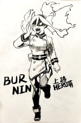 Rule 34 | 1girl, absurdres, ankle boots, arm at side, belt, belted dress, black footwear, black hairband, black thighhighs, boku no hero academia, boots, breasts, burnin (boku no hero academia), buttons, calling, character name, claws, clenched hand, collared dress, crazy eyes, double-breasted, dress, eye mask, eyebrows visible through mask, eyelashes, fangs, feet up, female focus, fiery hair, fire, fire extinguisher, full body, garter straps, gradient hair, green fire, green hair, hair between eyes, hair ornament, hairband, hand to own mouth, hand up, highres, jacket, japanese text, kamiji moe, large breasts, legs, long hair, long sleeves, mask, monochrome, multicolored hair, neck, open mouth, ponytail, serious, short dress, side slit, sidelocks, simple background, sketch, standing, standing on one leg, suit jacket, thighhighs, thighs, tight clothes, tight dress, traditional media, walking, white dress, wide ponytail