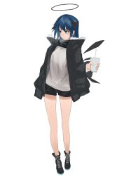 Rule 34 | 1girl, arknights, black footwear, black jacket, black shorts, blue eyes, blue hair, boots, breasts, closed mouth, commentary request, cross-laced footwear, cup, disposable cup, drinking straw, full body, halo, hetare galm sue, highres, holding, holding cup, horns, jacket, lace-up boots, medium breasts, mostima (arknights), open clothes, open jacket, shirt, short shorts, shorts, simple background, solo, standing, white background, white shirt