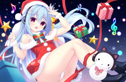 Rule 34 | 1girl, :d, alternate costume, arm up, bag, black footwear, blue background, blue hair, blush, boots, bow, box, breasts, cameltoe, curvy, dress, eyelashes, floating hair, foot out of frame, from side, fur-trimmed dress, fur trim, gift, gift bag, gift box, green bow, hair ornament, hamidashi creative, hand up, hat, highres, holding, holding bag, legs, legs together, light blue hair, light particles, long hair, long ribbon, looking at viewer, musical note, nanatsu (na na tsu), off-shoulder dress, off shoulder, open mouth, panties, panty peek, pom pom (clothes), red eyes, red ribbon, ribbon, santa costume, santa dress, santa hat, shiny skin, short dress, simple background, small breasts, smile, snowflake print, snowman, solo, star (symbol), star hair ornament, star ornament, thighs, underwear, very long hair, white panties, white wrist cuffs, wrist cuffs, yukige shiki