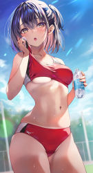 Rule 34 | 1girl, :o, blue sky, blush, bottle, breasts, buruma, cloud, commentary request, day, groin, highres, holding, holding bottle, medium breasts, midriff, mole, mole under eye, multicolored hair, navel, one side up, original, outdoors, red buruma, red sports bra, short hair, sky, solo, sports bra, stomach, sunlight, sweat, tan, tanline, tomose shunsaku, water bottle, wiping sweat, yellow eyes